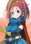  1girl absurdres arm_under_breasts barbara_(dq6) belt black_sleeves blue_dress blue_eyes breasts brown_hair closed_mouth commentary_request detached_sleeves dragon_quest dragon_quest_vi dress earrings gloves gradient_background hair_pulled_back high_collar high_ponytail highres jewelry large_breasts light_blush looking_at_viewer muramasa_mikado open_hand pearl_earrings smile solo upper_body whip wide_ponytail yellow_gloves 