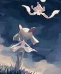  absurdres black_jacket colored_skin dot_mouth floating grass green_skin highres horizon jacket jirachi kirlia moon night night_sky no_humans outstretched_arms pokemon pokemon_(creature) sky standing star_(sky) su_(sajo_su5) white_skin 