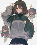  1girl black_skirt blush brown_hair closed_mouth highres hood hoodie hyuuga_(kancolle) kantai_collection kazeshio looking_at_viewer multiple_views pleated_skirt red_eyes short_hair skirt sleeves_past_wrists 
