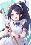  &lt;key&gt;_(robot)_(blue_archive) 1girl :d apron aqua_eyes aris_(blue_archive) aris_(maid)_(blue_archive) black_dress black_hair blue_archive blush dress frilled_apron frills halo happy holding long_hair looking_at_viewer maid maid_headdress musical_note neck_ribbon official_alternate_costume open_mouth parted_bangs ribbon short_sleeves side_ponytail sidelocks simple_background smile solo teeth two-tone_background upper_body upper_teeth_only very_long_hair white_apron wristband yuuki_yuu 