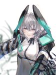  1girl absurdres arknights blurry blurry_background breasts depth_of_field dress green_eyes grey_hair head_wings highres ho&#039;olheyak_(arknights) large_breasts leaning_forward long_sleeves looking_at_viewer mie_mie_shuang_pi_nai parted_lips short_hair smile solo white_dress wings 