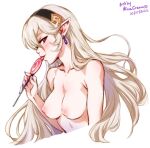  1girl artist_name black_hairband blush breasts candy collarbone corrin_(female)_(fire_emblem) corrin_(fire_emblem) cropped_torso dated earrings fire_emblem fire_emblem_fates food hair_between_eyes hairband holding holding_candy holding_food holding_lollipop jewelry licking lollipop long_hair looking_at_viewer medium_breasts mina_cream nipples nude pointy_ears purple_nails red_eyes smile solo tongue tongue_out white_background white_hair 