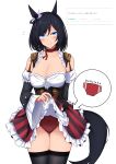  1girl absurdres animal_ears black_hair black_thighhighs blue_eyes breasts cleavage cowboy_shot eishin_flash_(umamusume) frilled_sleeves frills highres horse_ears horse_girl horse_tail lifted_by_self looking_at_viewer mosamosaobake smile solo tail thighhighs umamusume 