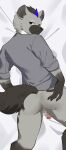  2023 absurd_res agitoryuusaki anthro arknights black_hair blue_hair butt censored clothing dakimakura_design eyebrow_piercing facial_piercing fur grey_body grey_fur hair hi_res hyena hypergryph looking_at_viewer looking_back male mammal piercing pubes shirt solo spot_(arknights) spotted_hyena spread_butt spreading studio_montagne t-shirt topwear white_body white_fur 