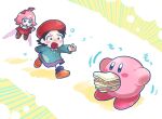 2girls :o adeleine arms_up beret black_eyes black_hair blue_eyes blue_socks blush blush_stickers brown_footwear chiimako collared_shirt commentary_request dress fairy fairy_wings flying food food_in_mouth green_shirt grey_skirt hair_between_eyes hair_ribbon hand_up hat kirby kirby_(series) kirby_64 long_sleeves looking_at_another motion_lines multiple_girls open_mouth outstretched_arm parted_bangs pink_hair reaching red_dress red_headwear red_ribbon ribbon ribbon_(kirby) running sandwich shirt shoes short_hair simple_background skirt socks v-shaped_eyebrows wavy_mouth white_background wide-eyed wings yellow_background 