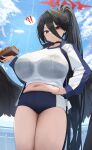  !? 1girl absurdres belly belly_grab bexercube bird_wings black_hair blue_archive blue_sky breasts buruma curvy food gym_uniform hair_between_eyes hasumi_(blue_archive) hasumi_(gym_uniform)_(blue_archive) highres jacket large_breasts long_hair midriff navel open_clothes open_jacket plump ponytail red_eyes shirt sky solo sweatdrop takoyaki thighs thought_bubble white_shirt wings 