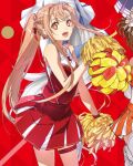  asuna_(sao) bare_arms bare_shoulders bunbun cheerleader dengeki_bunko hair_ornament hair_ribbon holding holding_pom_poms lightning_bolt_symbol long_hair looking_at_viewer open_mouth orange_eyes orange_hair pom_pom_(cheerleading) red_ribbon red_shirt red_skirt ribbon shirt simple_background skirt sleeveless sword_art_online thighs 