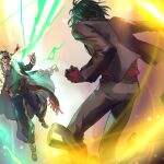  2boys :d black_footwear black_hair black_jacket black_pants black_suit boots chain clenched_hand coat constantine_xi_(fate) earrings energy facial_hair facing_away fate/grand_order fate_(series) feet_out_of_frame fighting from_behind full_body fur-trimmed_coat fur_trim glasses gloves green_coat grey_shirt hair_between_eyes hat_feather heki0529 jacket jewelry long_sleeves magic male_focus mehmed_ii_(fate) multiple_boys opaque_glasses open_clothes open_coat outstretched_arm pants popped_collar red_gloves red_sash red_vest sash shirt short_hair smile stubble suit suit_jacket turban vest 