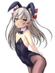  1girl alternate_costume amatsukaze_(kancolle) animal_ears black_bow black_bowtie black_leotard black_pantyhose bow bowtie brown_eyes detached_collar flat_chest grey_hair hair_tubes highres kantai_collection leaning_forward leotard long_hair montemasa pantyhose playboy_bunny rabbit_ears rabbit_tail simple_background solo tail two_side_up white_background wrist_cuffs 