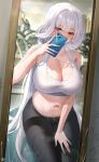  1girl absurdres azur_lane black_leggings blurry blurry_background blush breasts character_request cleavage collarbone covered_mouth grey_hair gym hand_on_own_thigh heart heart-shaped_pupils highres holding holding_phone kneeling large_breasts leggings looking_at_viewer mirror navel phone red_eyes reflection selfie solo sports_bra stomach sweatdrop symbol-shaped_pupils tansuan_(ensj3875) white_sports_bra 