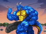  5_fingers absurd_res anthro big_muscles big_penis biped black_penis blue_body bruce892741 butt dragon erection fingers flexing flexing_bicep genitals glistening glistening_body hi_res horn huge_muscles huge_penis hyper hyper_genitalia hyper_muscles hyper_penis lake macro male muscular muscular_anthro muscular_male nude partially_submerged penis solo spiked_tail spikes spikes_(anatomy) sunset teeth thick_penis vein veiny_muscles veiny_penis yellow_eyes 