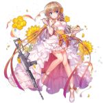  1girl :q alternate_hairstyle ankle_ribbon assault_rifle blue_eyes breasts bridal_veil bride brown_hair cake choker cleavage closed_mouth dress flower fn_fnc fnc_(girls&#039;_frontline) fnc_(strawberry_cake_&amp;_garden_cosmos)_(girls&#039;_frontline) food fork full_body girls&#039;_frontline gun hair_ornament high_heels holding holding_fork jewelry large_breasts leg_ribbon long_hair looking_at_viewer no_socks official_alternate_costume official_art oppai_loli orange_choker orange_ribbon plate ribbon rifle ring shenbei_xiaoqiu simple_background smile solo tongue tongue_out transparent_background veil weapon wedding_dress wedding_ring white_dress white_footwear 