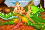  anthro autumn autumn_leaves dragon duo eye_contact feral food fruit genitals happy hi_res honey_(food) kobold leafs looking_at_another male male/male penis plant pumpkin sitting_on_another skyvo smile 