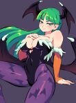  1girl 333_(dqqqdle) animal_print bat_print bat_wings black_wings blush breasts bridal_gauntlets cleavage clothing_cutout covered_navel demon_girl fur-trimmed_leotard fur_trim gloves green_eyes green_hair grey_background hand_on_own_chest head_wings heart_cutout highleg highleg_leotard highres large_breasts leotard long_hair looking_at_viewer low_wings morrigan_aensland orange_gloves pantyhose print_pantyhose purple_pantyhose simple_background sitting vampire_(game) wings 