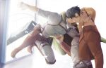 2boys absurdres ascot black_hair blonde_hair brown_footwear brown_jacket cape closed_mouth dynamic_pose erwin_smith grabbing_another&#039;s_chin gravesecrets green_cape hand_on_another&#039;s_chin highres jacket kiss large_pectorals levi_(shingeki_no_kyojin) male_focus multiple_boys pants pectorals shingeki_no_kyojin shirt sideburns sleeves_past_elbows thigh_strap weapon white_ascot white_background white_pants white_shirt window yaoi 