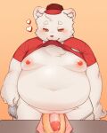  2023 anthro bear belly big_belly blush clothed clothing clothing_lift food genitals hat headgear headwear hi_res hot_dog humanoid_hands kemono male mammal moobs navel nipples overweight overweight_male penis shirt shirt_lift solo tober_4 topwear 