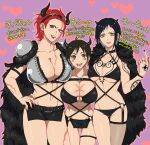  3girls arm_tattoo belt bikini black_bikini black_hair black_horns black_nails blush_stickers breast_tattoo breasts cape collarbone commentary_request earrings eustass_kid fishnet_thighhighs fishnets genderswap genderswap_(mtf) hand_on_own_hip hand_tattoo heart heart_background height_difference highres horns huge_breasts jewelry large_breasts looking_at_viewer monkey_d._luffy multiple_girls navel one_piece open_mouth parted_lips piratesebine purple_background red_eyes red_hair red_lips red_nails short_hair shoulder_pads single_thighhigh skirt smile stomach studded_belt swimsuit tattoo thighhighs thighs trafalgar_law translation_request yellow_eyes 