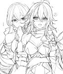  2girls ahoge armband bare_shoulders blush breasts bronya_rand cleavage closed_mouth collarbone crossed_bangs detached_sleeves drill_hair earrings greyscale hair_between_eyes hand_in_another&#039;s_hair hand_on_another&#039;s_stomach highres honkai:_star_rail honkai_(series) jewelry korean_commentary large_breasts long_hair looking_at_another monochrome multiple_girls open_mouth scarf seele_(honkai:_star_rail) simple_background speech_bubble sweatdrop upper_body v-shaped_eyebrows white_background yuri zx40cv 