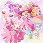  1girl :d arm_up artist_name commentary_request compact_(cosmetics) dodo_(ojamajo_doremi) double_bun dress earrings fairy full_body gloves grey_shorts hair_bun hair_ornament hamburger_steak hand_on_headwear hands_up hano_luno harukaze_doremi hat highres holding holding_compact holding_wand jewelry magical_girl majorika multiple_views musical_note musical_note_hair_ornament ojamajo_doremi open_mouth pink_dress pink_eyes pink_footwear pink_gloves pink_headwear plate pointy_footwear purple_shirt red_hair shirt short_hair short_sleeves shorts smile standing t-shirt wand witch_hat 