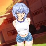  1girl ayanami_rei bare_shoulders blue_hair blue_shorts building bush closed_mouth covered_nipples gradient_sky grass hair_between_eyes highres legs_apart light_blue_hair looking_at_viewer mizumori_keiichi multicolored_sky neon_genesis_evangelion orange_sky red_eyes shirt short_hair short_shorts shorts sky sleeveless sleeveless_shirt solo standing twilight white_shirt yellow_sky 