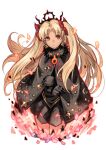  1girl bangs black_cape black_dress black_gloves blonde_hair breasts cape dark-skinned_female dark_skin dress earrings ereshkigal_(fate) ereshkigal_alter_(fate) fate/grand_order fate_(series) fur-trimmed_cape fur_trim gloves hair_ribbon highres hoop_earrings jewelry long_hair long_sleeves looking_at_viewer medium_breasts parted_bangs red_eyes ribbon solo thighs tiara two_side_up ugo_(artist) 