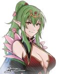 1girl breasts cleavage cm_lynarc fire_emblem fire_emblem_awakening fire_emblem_heroes flower green_eyes green_hair hair_between_eyes hair_flower hair_ornament looking_at_viewer official_alternate_costume ponytail signature smile solo tiki_(adult)_(fire_emblem) tiki_(adult)_(resplendent)_(fire_emblem) tiki_(fire_emblem) upper_body white_background 