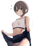  1girl absurdres blue_skirt blush breasts clothes_lift collarbone covered_nipples flying_sweatdrops grey_hair highres idolmaster idolmaster_cinderella_girls lifted_by_self looking_at_viewer navel otokura_yuuki panties pleated_skirt redrawn rr_(temd7345) short_hair simple_background skirt skirt_lift small_breasts solo sports_bra stomach sweat underwear wet_bra white_background white_panties white_sports_bra 