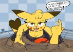  absurd_res anthro bedroom_eyes big_breasts bigbelly breasts chubby_female clothed clothing cosplay_pikachu_(character) cosplay_pikachu_(costume) digital_drawing_(artwork) digital_media_(artwork) english_text female generation_1_pokemon hair hi_res legwear looking_at_viewer messy mud muddy narrowed_eyes nintendo open_mouth overweight overweight_anthro overweight_female pikachu pikachu_libre pokemon pokemon_(species) sebaku seductive smile solo text tights wam wrestling_outfit yellow_body 