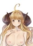  1girl ahoge anila_(granblue_fantasy) blonde_hair blunt_bangs blush breasts collarbone completely_nude draph granblue_fantasy highres horns inverted_nipples large_breasts long_hair looking_at_viewer nipples nstch_root_a nude sheep_girl simple_background smile solo thick_eyebrows upper_body wavy_hair white_background yellow_eyes 