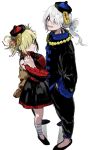  1boy 1girl ametaro_(ixxxzu) bandaged_leg bandages bead_necklace beads black_dress blonde_hair blunt_bangs boku_no_hero_academia chinese_clothes double_bun dress hair_bun halloween hand_up hands_in_pockets hat highres jewelry jiangshi jiangshi_costume looking_at_viewer male_focus medium_hair necklace qing_guanmao red_eyes shigaraki_tomura shirt sidelocks simple_background stuffed_animal stuffed_toy talisman teddy_bear toga_himiko white_background white_hair yellow_eyes 