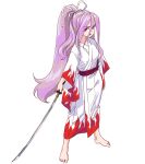  1girl barefoot belt bow fighting_stance hair_bow japanese_clothes kimono long_hair looking_at_viewer meira_(touhou) ponytail purple_eyes purple_hair s-a-murai solo standing sword touhou touhou_(pc-98) weapon 