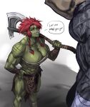  1509virgoart 1girl 1other abs axe battle_axe breasts chest_sarashi cleavage colored_skin english_text female_orc green_skin hand_on_own_hip highres holding holding_axe holding_weapon huge_breasts monster muscular muscular_female orc original over_shoulder pointy_ears red_hair sarashi shadow signature simple_background speech_bubble torn_loincloth tusks weapon weapon_over_shoulder white_background yellow_eyes 