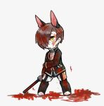  1boy animal_ears black_jacket black_socks blood blood_in_hair blood_on_clothes blood_on_face brown_hair closed_mouth commentary_request dog_ears full_body garter_straps hair_over_one_eye hand_on_own_arm harvest_fes jacket librarian_(library_of_ruina) library_of_ruina long_sleeves male_focus project_moon shirt short_hair shorts simple_background socks solo white_background white_footwear white_shirt white_shorts yellow_eyes 