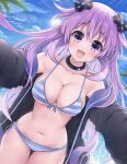  1girl :d adult_neptune bikini bikini_under_clothes black_choker black_jacket blush bra breasts choker cleavage d-pad d-pad_hair_ornament day front-tie_bra giga-tera hair_between_eyes hair_ornament hood hooded_jacket jacket leaning_forward long_hair looking_at_viewer medium_breasts navel neptune_(series) off_shoulder open_clothes open_jacket outdoors palm_tree panties pov purple_eyes purple_hair side-tie_panties smile solo striped striped_bikini striped_bra striped_panties sun swimsuit thigh_gap tree underwear very_long_hair 