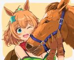  1girl animal_ears baeendile bandana bare_shoulders blue_eyes border breasts bridle brown_gloves brown_hair brown_headwear cleavage commentary_request creature_and_personification gloves green_tank_top hair_ornament hat horse horse_ears horse_girl mane medium_breasts one_eye_closed orange_background ponytail red_bandana smile taiki_shuttle_(racehorse) taiki_shuttle_(umamusume) tank_top teeth umamusume upper_body upper_teeth_only white_border 