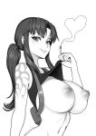  1girl artist_name black_lagoon brassica breasts cigarette clothes_lift commission crop_top greyscale heart highres holding holding_cigarette large_breasts long_hair monochrome navel nipples ponytail revy_(black_lagoon) shirt_lift shoulder_tattoo sidelocks solo tattoo upper_body 