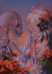  1girl absurdres black_flower blonde_hair blurry blurry_foreground closed_mouth expressionless film_grain flower from_side hair_flower hair_ornament hand_on_another&#039;s_face hand_up highres holding_another&#039;s_arm isekai_joucho kamitsubaki_studio long_hair long_sleeves looking_at_another messy_hair multicolored_hair profile red_flower red_hair shirt sidelocks skeleton streaked_hair suzukasuraimu twitter_username upper_body virtual_youtuber wavy_hair white_shirt 