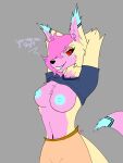  2023 anthro arctic_fox areola arms_above_head big_breasts breasts canid canine canis clothed clothing colored detailed digital_drawing_(artwork) digital_media_(artwork) english_text female fox fur hair hi_res inviting looking_at_viewer mammal nipples partially_clothed pink_hair presenting raised_arms red_eyes seductive signature simple_background smile solo tail text thalya white_body white_fur zthakitsune 