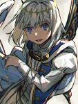  1boy blue_cape blue_eyes blurry butterfly_wings cape depth_of_field diamond_hairband eiki_(eikityou_55) fate/grand_order fate_(series) frilled_shirt_collar frills fur-trimmed_cape fur_trim grey_hair highres juliet_sleeves long_sleeves looking_at_viewer male_focus oberon_(fate) open_mouth puffy_sleeves shirt short_hair solo white_shirt wings 
