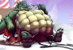  abdominal_bulge anthro brutis chopangigante christmas crocodilian fatal_vore hi_res holidays male male/male oral_vore picking_teeth prey_shaped_bulge reptile rumbling_stomach scalie size_difference sled solo vore weight_gain 