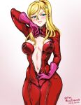  1girl aqua_eyes arm_up artist_name blonde_hair bodysuit breasts closed_mouth color_connection cosplay dated english_commentary gloves hair_color_connection high_ponytail looking_at_viewer medium_breasts metroid mina_cream mole mole_under_mouth navel partially_unzipped persona persona_5 pink_gloves red_bodysuit samus_aran sidelocks skin_tight solo takamaki_anne takamaki_anne_(cosplay) unzipping zipper zipper_pull_tab 