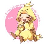  1boy 1girl aerith_gainsborough animal_hood bird_hood blonde_hair blush border brown_hair chibi chocobo closed_eyes cloud_strife final_fantasy final_fantasy_vii final_fantasy_vii_ever_crisis final_fantasy_vii_remake halloween_costume hand_to_own_mouth hood hood_up jo_ro_ri mascot_costume official_alternate_costume open_mouth parted_bangs pink_background sidelocks sitting smile spiked_hair teeth twitter_username upper_teeth_only white_border 