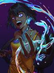  1girl :d bare_shoulders black_hair blue_eyes collarbone dark-skinned_female dark_skin earrings fang fingernails glowing glowing_earrings hair_between_eyes half-closed_eye highres holding holding_weapon indian_clothes jewelry league_of_legends long_hair looking_at_viewer nilah_(league_of_legends) nyaamen_fork open_mouth ponytail purple_background simple_background smile solo teeth upper_body water weapon 