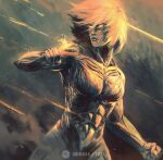  1girl annie_leonhardt breasts closed_mouth exposed_muscle female_titan firing giant giantess glowing glowing_eyes looking_to_the_side monster shimhaq shingeki_no_kyojin short_hair signature smoke titan_(shingeki_no_kyojin) 