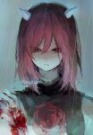  1girl amputee aqua_background artist_name black_vest blood blood_on_face closed_mouth flower hair_between_eyes highres horns ibaraki_douji_(touhou) kn001215 light_frown looking_to_the_side pink_hair rain red_eyes red_flower red_rose rose short_hair simple_background solo touhou twitter_username upper_body vest water_drop wet wet_hair 