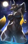  2023 absurd_res anthro areola athletic athletic_female big_breasts black_nose black_sclera breasts canid canine canis clitoris eyelashes female genitals hair hand_behind_head hi_res jackal kotik_rin long_hair looking_at_viewer mammal moon night nipples nude outside partially_submerged pussy sky solo star starry_sky water wet white_hair yellow_eyes 