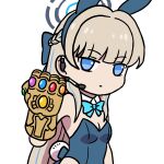  1girl animal_ears avengers:_infinity_war avengers_(series) blonde_hair blue_archive blue_eyes blue_leotard bow bowtie braid clenched_hand detached_collar earpiece fake_animal_ears fake_tail hair_bow halo hand_up highleg highleg_leotard highres infinity_gauntlet infinity_gems leotard long_hair looking_at_viewer marvel marvel_cinematic_universe official_alternate_costume playboy_bunny rabbit_ears tail toki_(blue_archive) toki_(bunny)_(blue_archive) washin white_background 