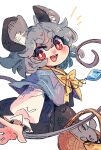  1girl ahoge animal_ear_fluff animal_ears basket black_skirt blue_capelet bow bright_pupils capelet cropped_legs grey_hair highres holding holding_with_tail jewelry long_sleeves mame_komari medium_hair mouse mouse_ears mouse_tail nazrin notice_lines one-hour_drawing_challenge open_mouth pendant prehensile_tail red_eyes shirt simple_background skirt smile solo tail teeth thick_eyebrows touhou twitter_username upper_teeth_only white_background white_shirt yellow_bow 