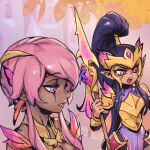  2girls armor bare_shoulders breasts cleavage commentary dark-skinned_female dark_skin faerie_queen_karma fairy_court_kalista hair_ornament holding holding_polearm holding_weapon kalista karma_(league_of_legends) league_of_legends long_hair medium_breasts multicolored_background multiple_girls orange_eyes phantom_ix_row pink_eyes pink_hair polearm ponytail shoulder_plates symbol-only_commentary teeth upper_body upper_teeth_only weapon 