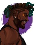  1boy bara beard black_tank_top brown_hair closed_eyes dark-skinned_male dark_skin dreadlocks earrings eyebrow_piercing facial_hair facing_ahead from_side glint green_hair hair_tattoo heartsteel_k&#039;sante highres jewelry k&#039;sante_(league_of_legends) league_of_legends male_focus mature_male multicolored_hair muscular muscular_male official_alternate_costume official_alternate_hairstyle peachydaes2 piercing profile short_hair smirk solo streaked_hair tank_top thick_eyebrows upper_body 